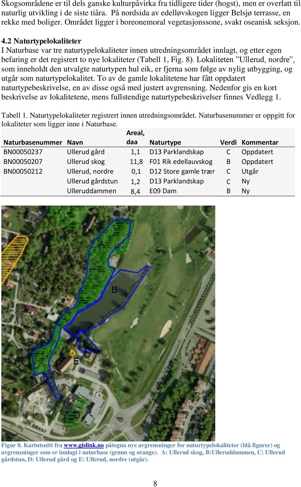 2 Naturtypelokaliteter I Naturbase var tre naturtypelokaliteter innen utredningsområdet innlagt, og etter egen befaring er det regisrert to nye lokaliteter (Tabell 1, Fig. 8).