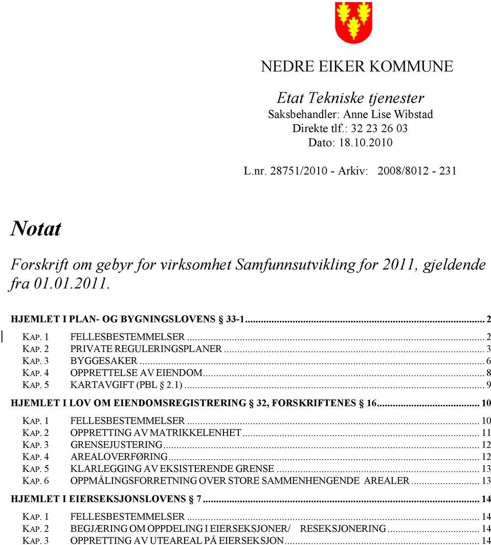 ..2 KAP. 2 PRIVATE REGULERINGSPLANER...3 KAP. 3 BYGGESAKER...6 KAP. 4 OPPRETTELSE AV EIENDOM...8 KAP. 5 KARTAVGIFT (PBL 2.1)...9 HJEMLET I LOV OM EIENDOMSREGISTRERING 32, FORSKRIFTENES 16... 10 KAP.