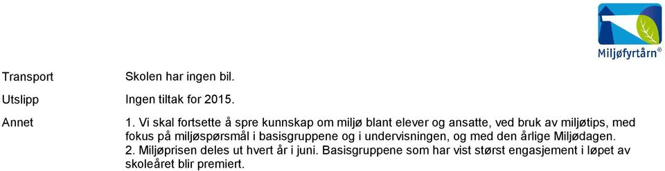 miljøtips, med fokus på miljøspørsmål i basisgruppene og i undervisningen, og med den