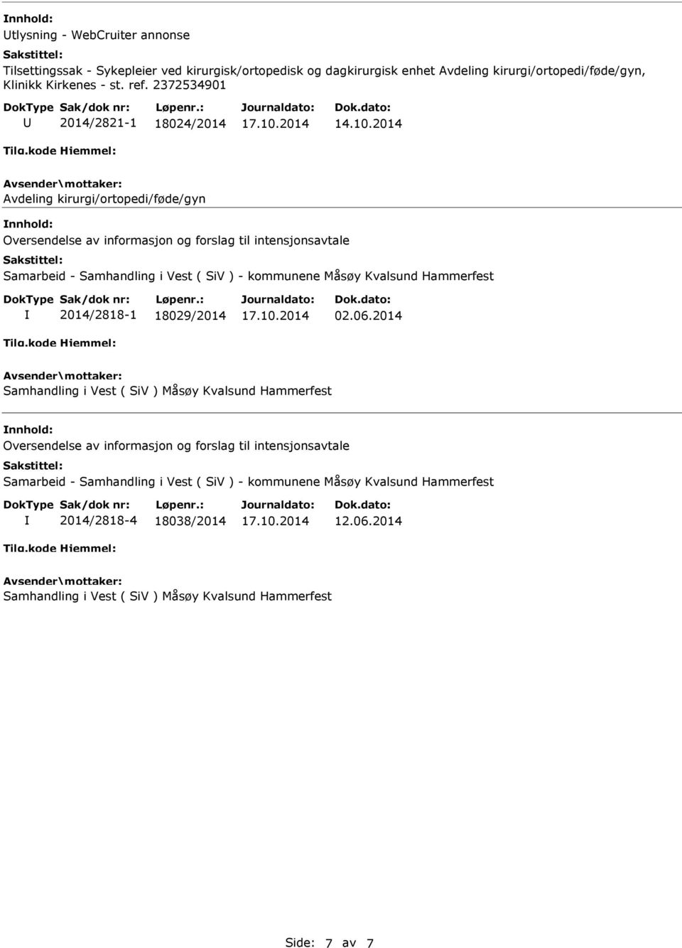 2014 Avdeling kirurgi/ortopedi/føde/gyn Oversendelse av informasjon og forslag til intensjonsavtale Samarbeid - Samhandling i Vest ( SiV ) - kommunene Måsøy Kvalsund Hammerfest