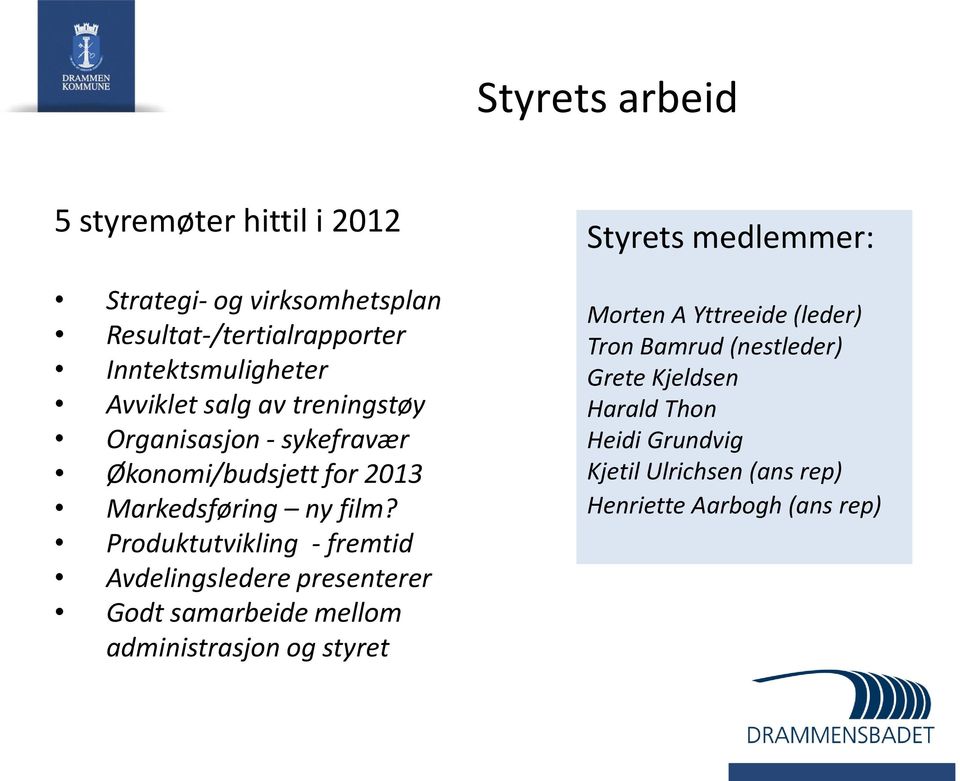 Produktutvikling - fremtid Avdelingsledere presenterer Godt samarbeide mellom administrasjon og styret Styrets medlemmer: