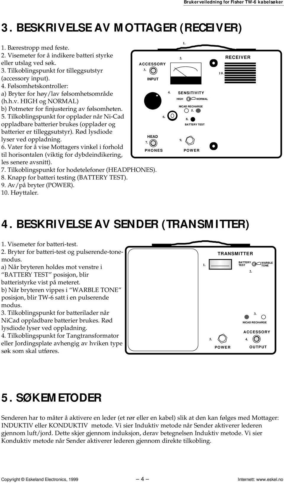 Tilkoblingspunkt for opplader når Ni-Cad oppladbare batterier brukes (opplader og batterier er tilleggsutstyr). Rød lysdiode lyser ved oppladning. 7. 6.