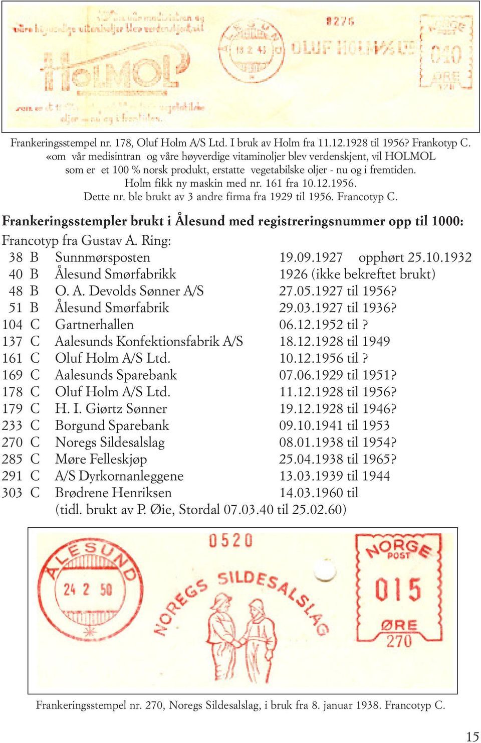 161 fra 10.12.1956. Dette nr. ble brukt av 3 andre firma fra 1929 til 1956. Francotyp C. Frankeringsstempler brukt i Ålesund med registreringsnummer opp til 1000: Francotyp fra Gustav A.