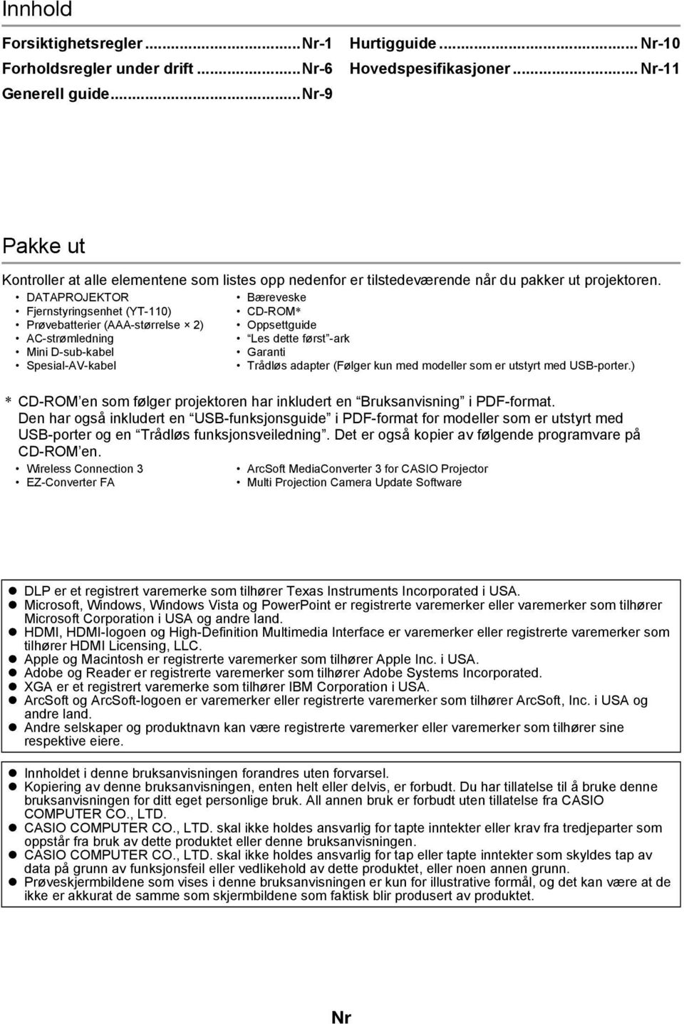 DATAPROJEKTOR Bæreveske Fjernstyringsenhet (YT-110) CD-ROM Prøvebatterier (AAA-størrelse 2) Oppsettguide AC-strømledning Les dette først -ark Mini D-sub-kabel Garanti Spesial-AV-kabel Trådløs adapter