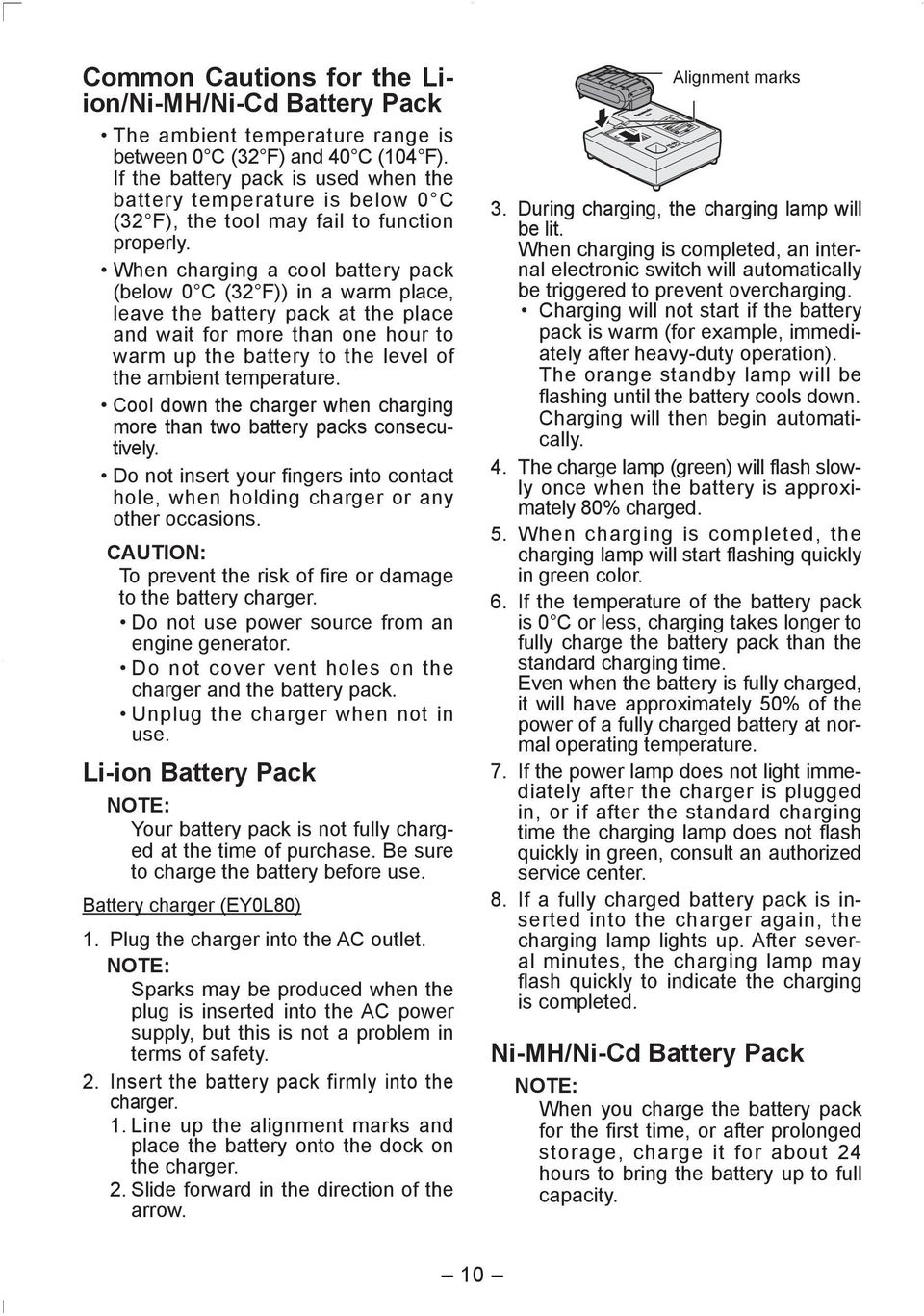 When charging a cool battery pack (below 0 C (32 F)) in a warm place, leave the battery pack at the place and wait for more than one hour to warm up the battery to the level of the ambient