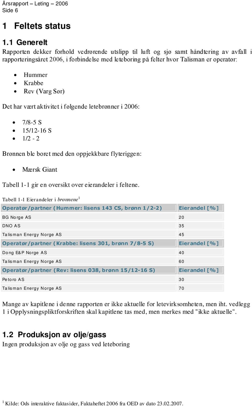 Krabbe Rev (Varg Sør) Det har vært aktivitet i følgende letebrønner i 26: 7/8-5 S 15/12-16 S 1/2-2 Brønnen ble boret med den oppjekkbare flyteriggen: Mærsk Giant Tabell 1-1 gir en oversikt over