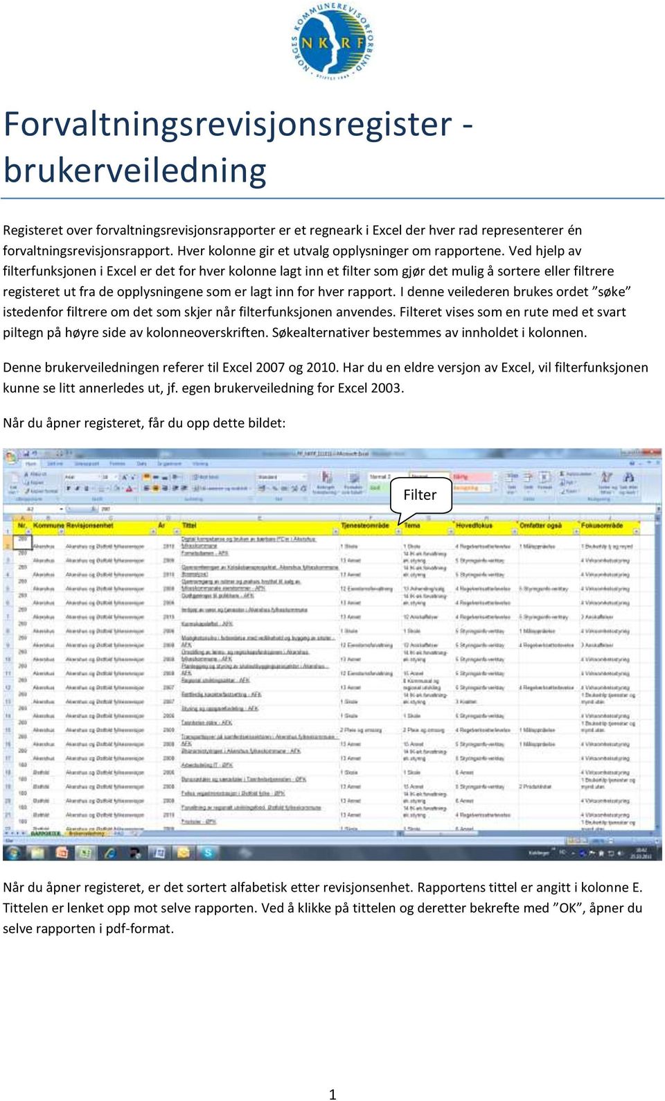 Ved hjelp av filterfunksjonen i Excel er det for hver kolonne lagt inn et filter som gjør det mulig å sortere eller filtrere registeret ut fra de opplysningene som er lagt inn for hver rapport.