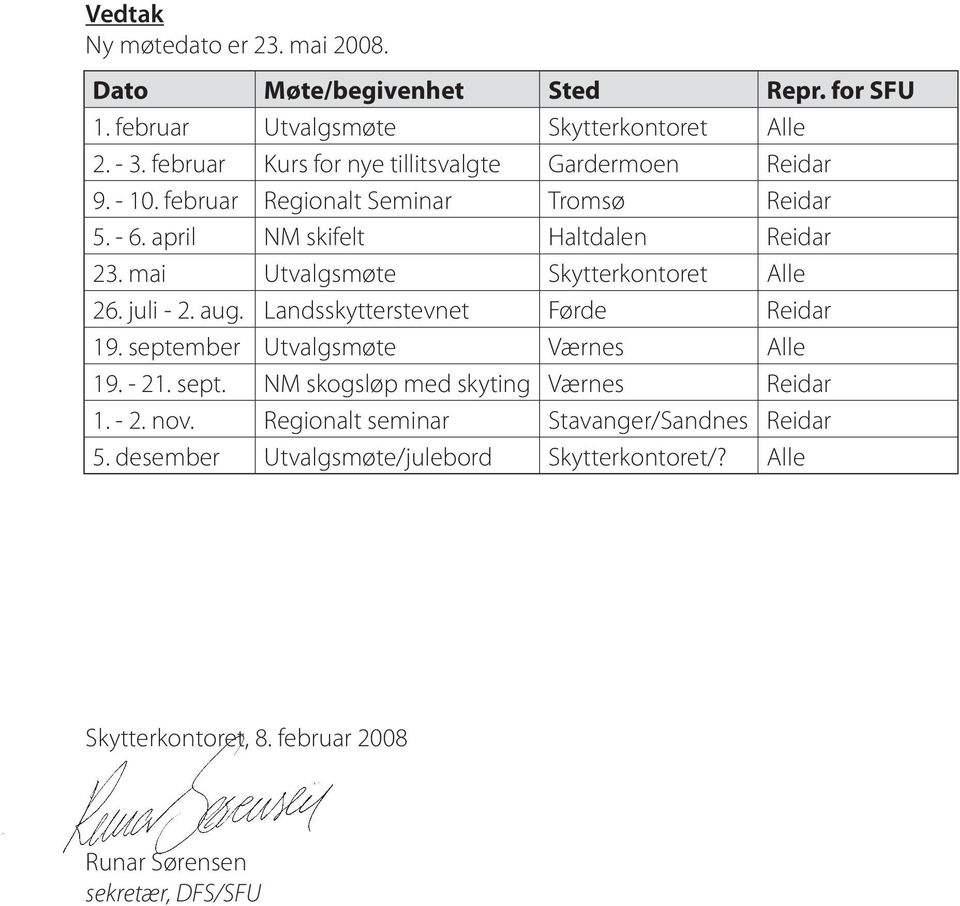 mai Utvalgsmøte Skytterkontoret Alle 26. juli - 2. aug. Landsskytterstevnet Førde Reidar 19. september Utvalgsmøte Værnes Alle 19. - 21. sept. NM skogsløp med skyting Værnes Reidar 1.