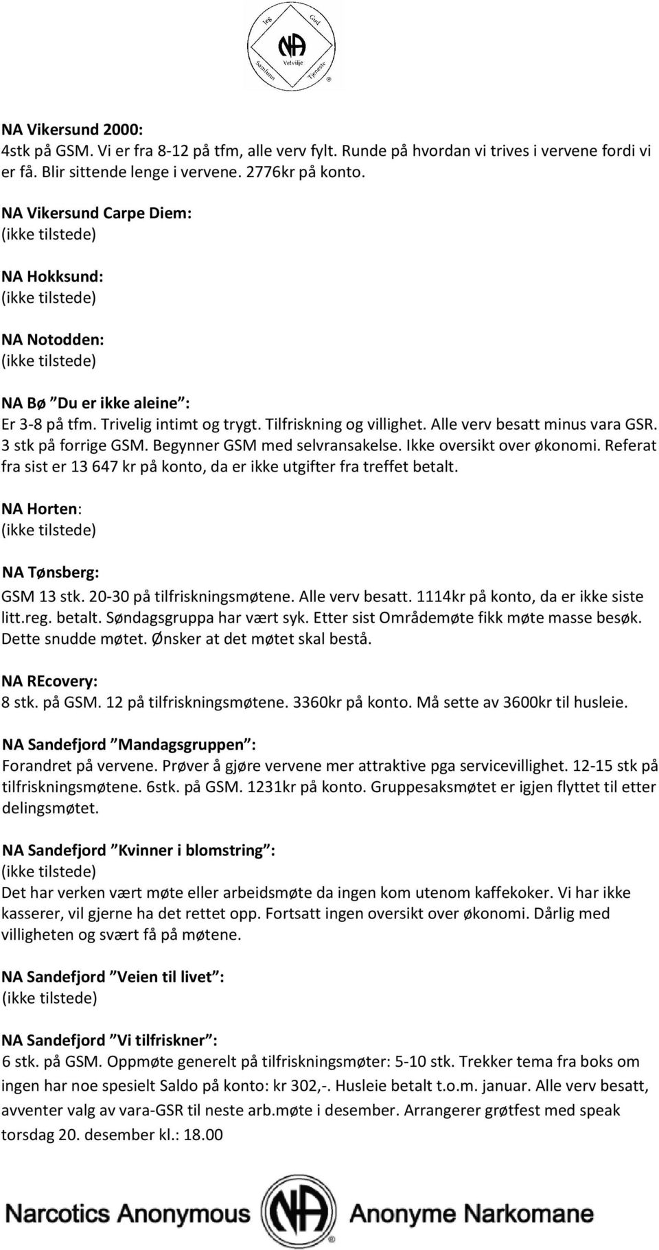 Begynner GSM med selvransakelse. Ikke oversikt over økonomi. Referat fra sist er 13 647 kr på konto, da er ikke utgifter fra treffet betalt. NA Horten: NA Tønsberg: GSM 13 stk.