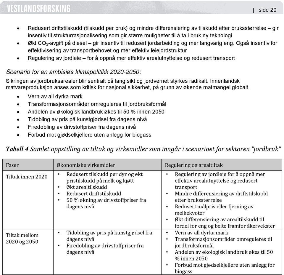 Også insentiv for effektivisering av transportbehovet og mer effektiv leiejordstruktur Regulering av jordleie for å oppnå mer effektiv arealutnyttelse og redusert transport Scenario for en ambisiøs