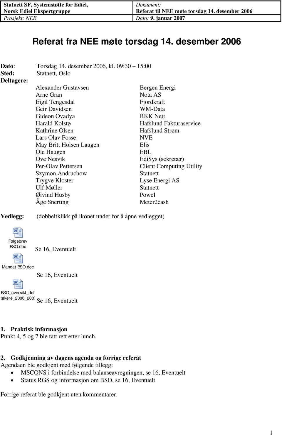 09:30 15:00 Sted:, Oslo Deltagere: Alexander Gustavsen Arne Gran Nota AS Eigil Tengesdal Geir Davidsen WM-Data Gideon Ovadya BKK Nett Harald Kolstø Kathrine Olsen Hafslund Strøm Lars Olav Fosse NVE