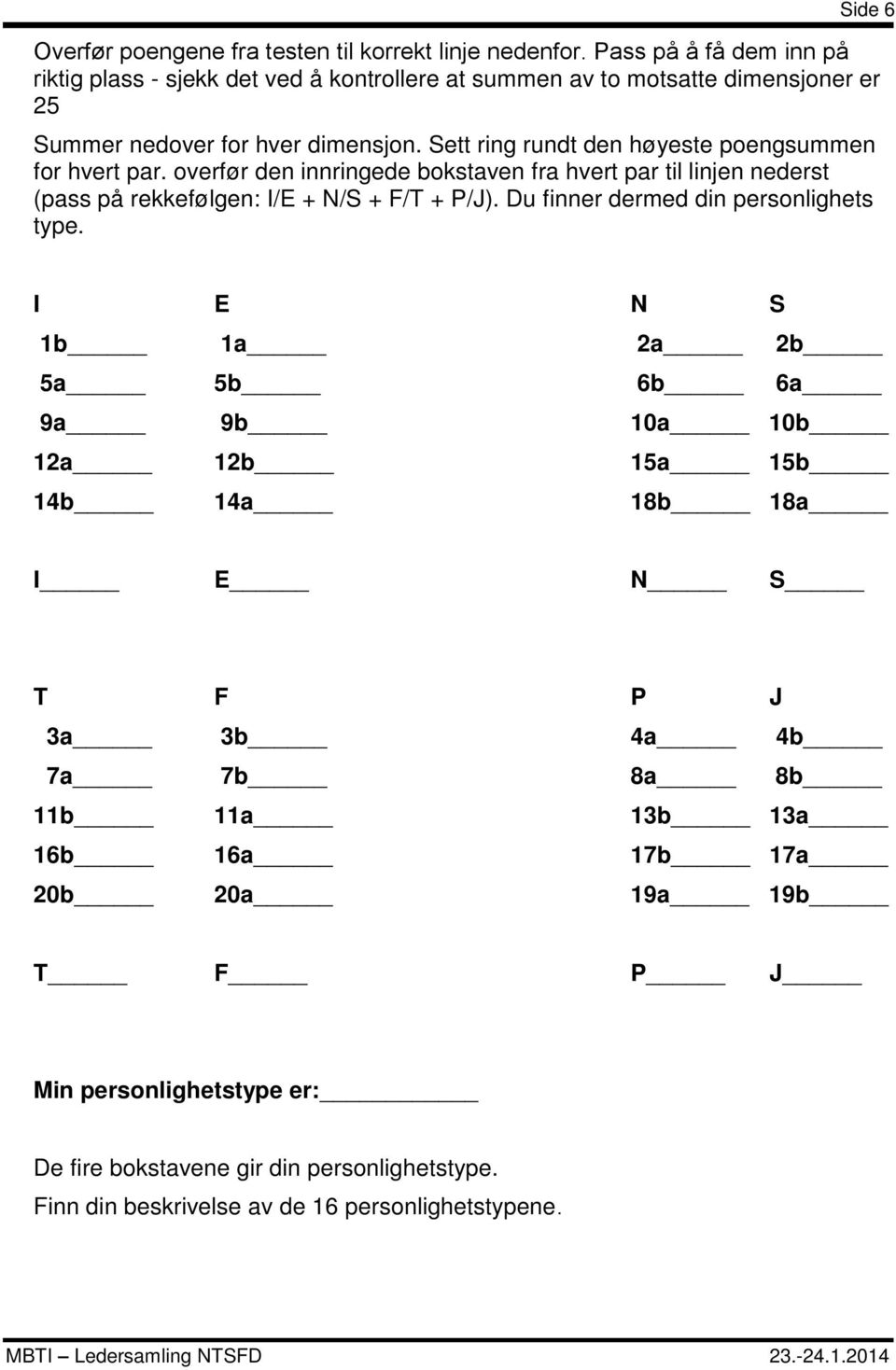 Sett ring rundt den høyeste poengsummen for hvert par. overfør den innringede bokstaven fra hvert par til linjen nederst (pass på rekkefølgen: I/E + N/S + F/T + P/J).