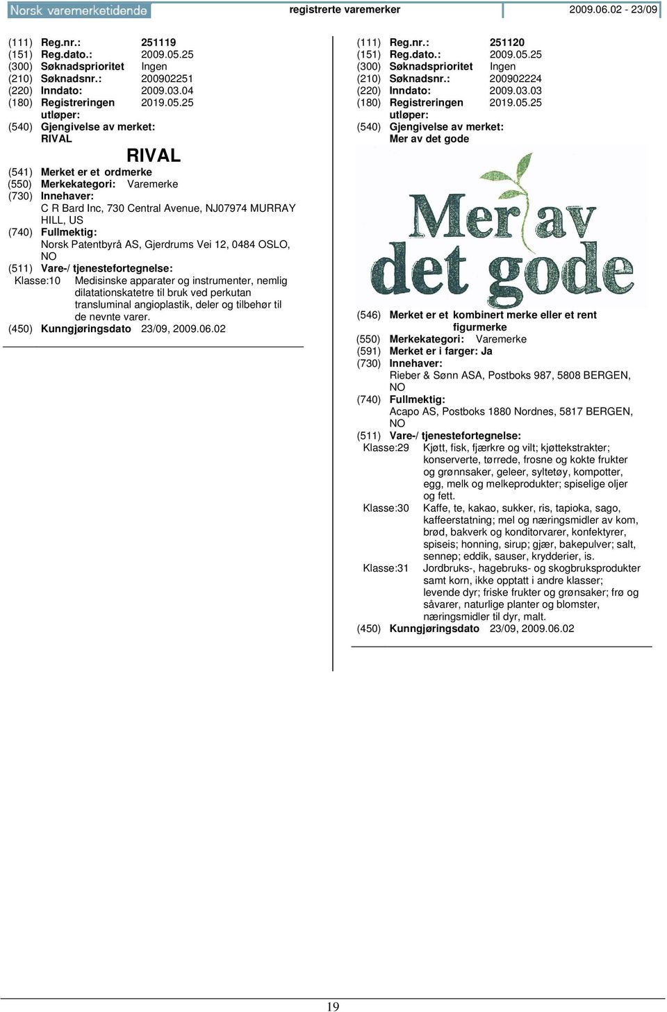 25 RIVAL RIVAL C R Bard Inc, 730 Central Avenue, NJ07974 MURRAY HILL, US Norsk Patentbyrå AS, Gjerdrums Vei 12, 0484 OSLO, Klasse:10 Medisinske apparater og instrumenter, nemlig dilatationskatetre