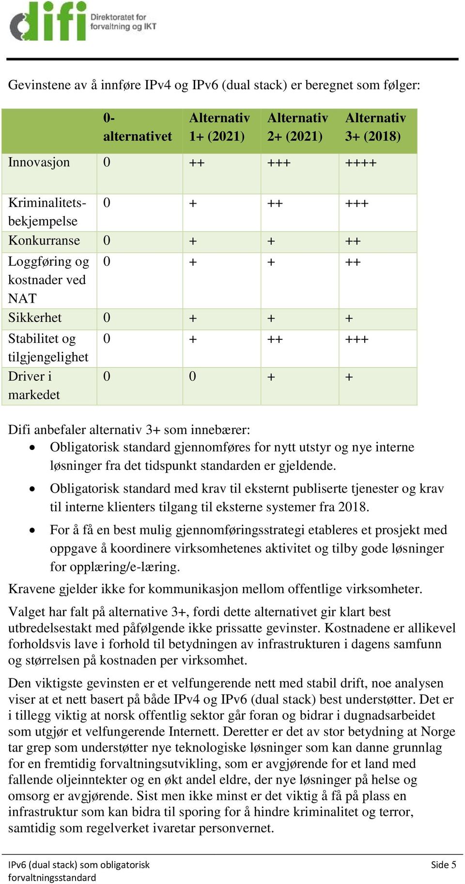 alternativ 3+ som innebærer: Obligatorisk standard gjennomføres for nytt utstyr og nye interne løsninger fra det tidspunkt standarden er gjeldende.