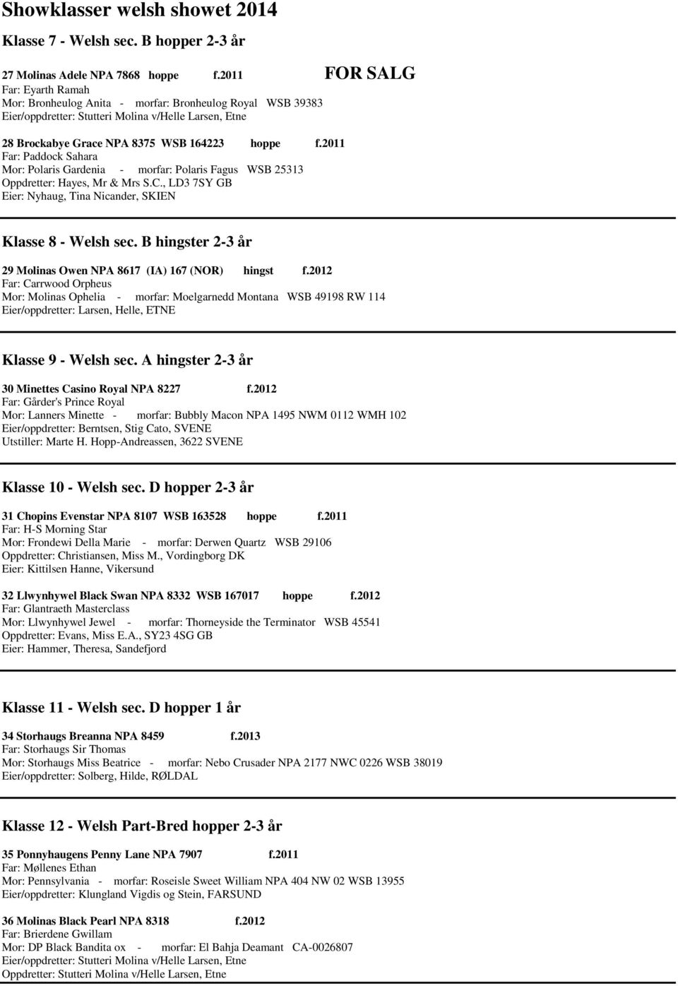 2011 Far: Paddock Sahara Mor: Polaris Gardenia - morfar: Polaris Fagus WSB 25313 Oppdretter: Hayes, Mr & Mrs S.C., LD3 7SY GB Eier: Nyhaug, Tina Nicander, SKIEN Klasse 8 - Welsh sec.