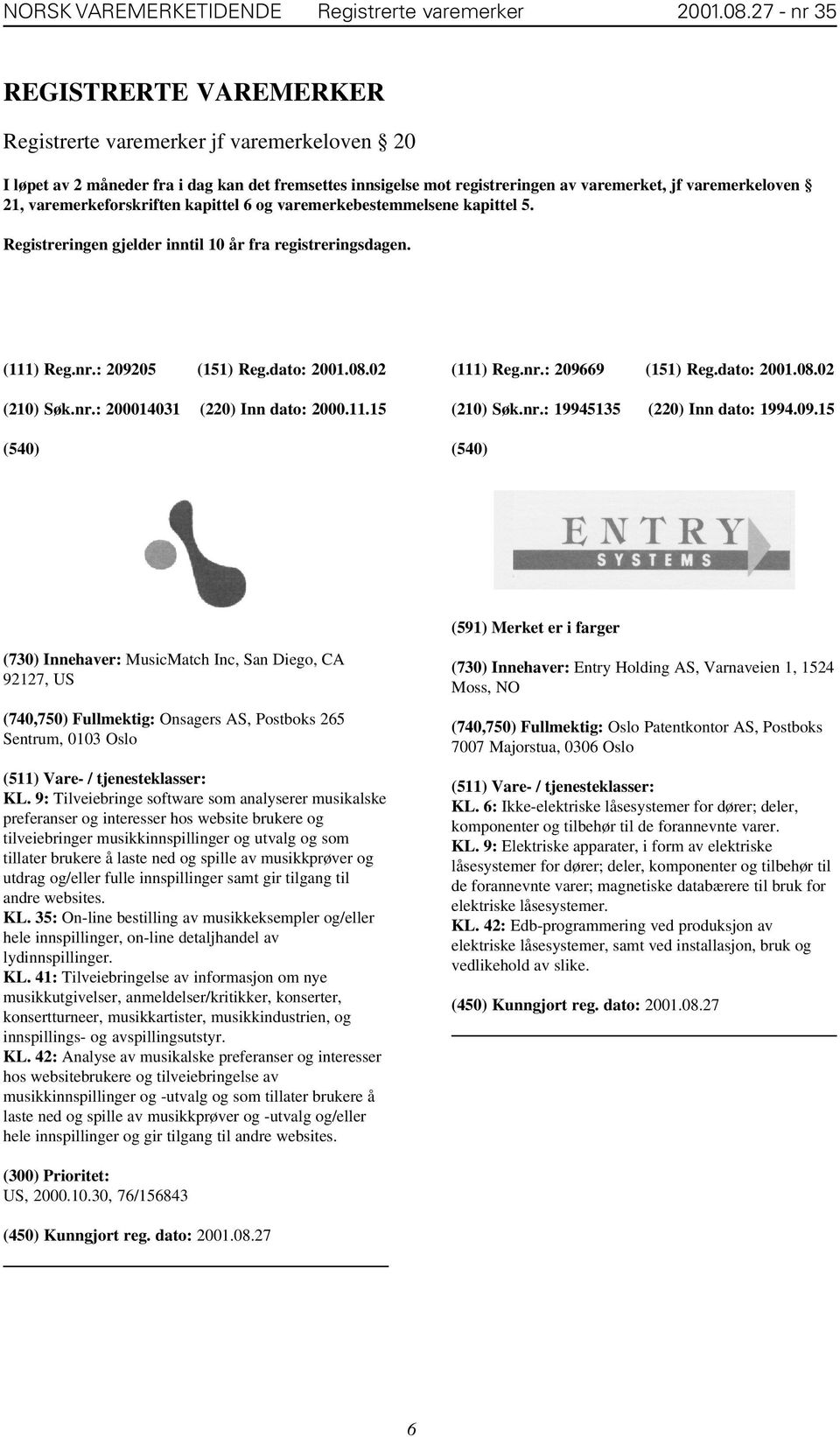 varemerkeforskriften kapittel 6 og varemerkebestemmelsene kapittel 5. Registreringen gjelder inntil 10 år fra registreringsdagen. (111) Reg.nr.: 209205 (151) Reg.dato: 2001.08.02 (210) Søk.nr.: 200014031 (220) Inn dato: 2000.