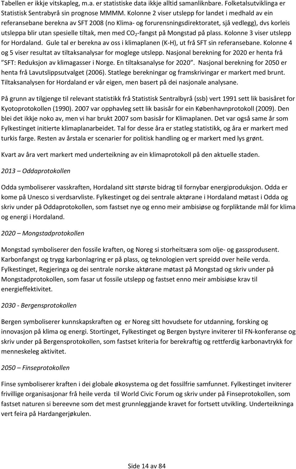 2 fangst på Mongstad på plass. Kolonne 3 viser utslepp for Hordaland. Gule tal er berekna av oss i klimaplanen (K H), ut frå SFT sin referansebane.