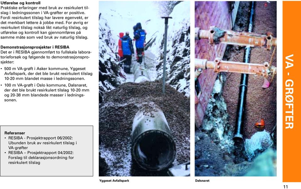 Demonstrasjonsprosjekter i RESIBA Det er i RESIBA gjennomført to fullskala laboratorieforsøk og følgende to demonstrasjonsprosjekter: 500 m VA-grøft i Asker kommune, Yggeset Avfallspark, der det ble
