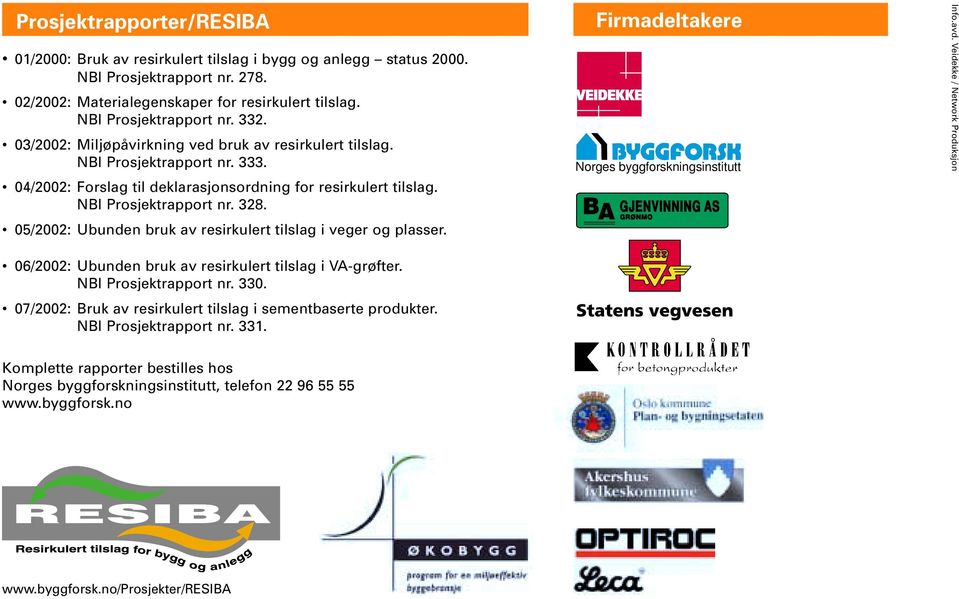 05/2002: Ubunden bruk av resirkulert tilslag i veger og plasser. 06/2002: Ubunden bruk av resirkulert tilslag i VA-grøfter. NBI Prosjektrapport nr. 330.