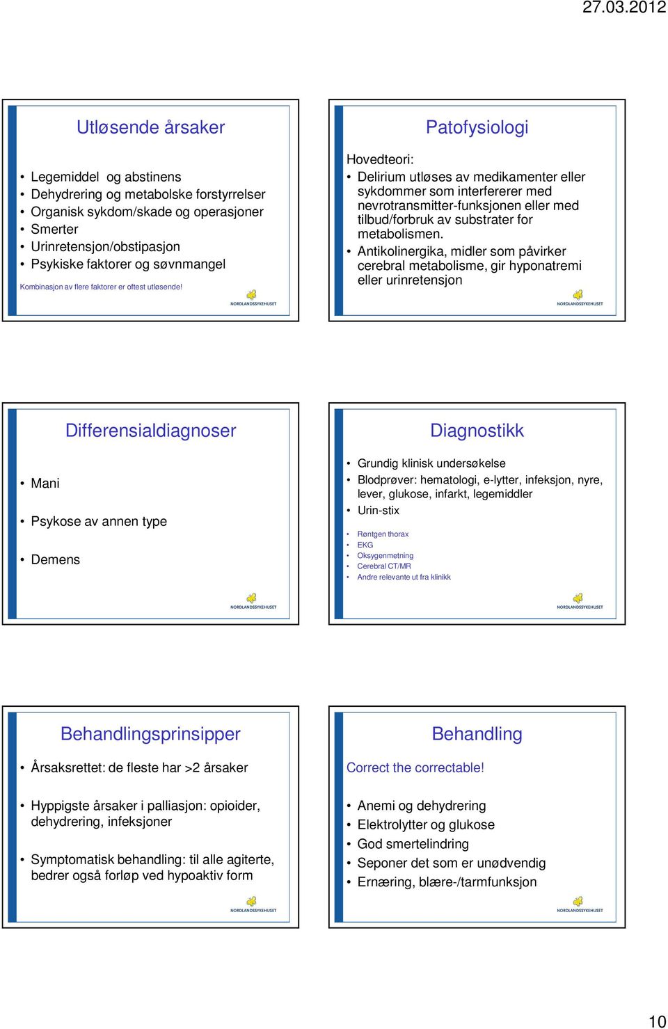 Patofysiologi Hovedteori: Delirium utløses av medikamenter eller sykdommer som interfererer med nevrotransmitter-funksjonen eller med tilbud/forbruk av substrater for metabolismen.