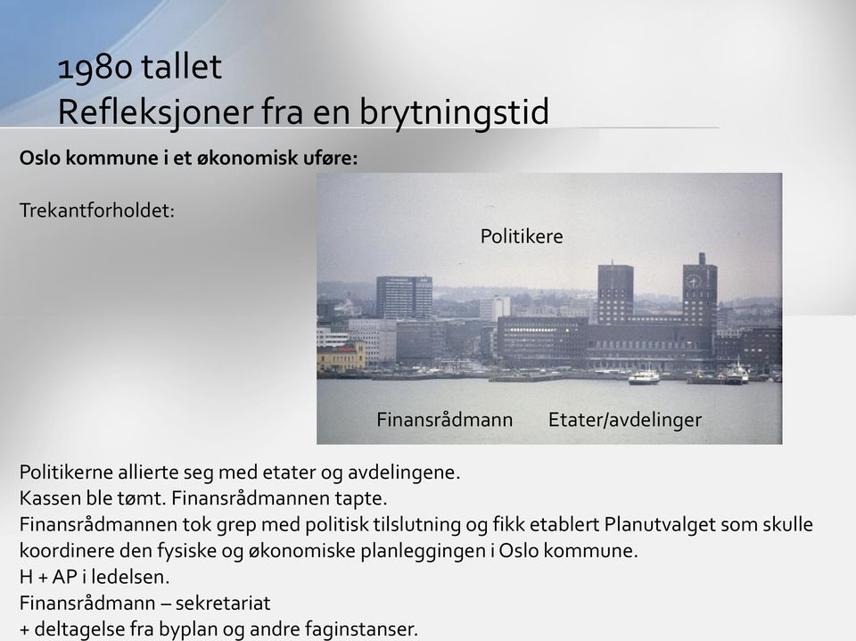 fysiske og økonomiske planleggingen i Oslo kommune. H + AP i ledelsen.