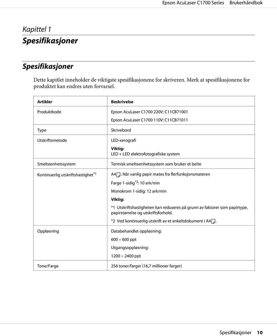 elektrofotografiske system Termisk smelteenhetssystem som bruker et belte Kontinuerlig utskriftshastighet *1 A4 : Når vanlig papir mates fra flerfunksjonsmateren Farge 1-sidig *2 : 10 ark/min