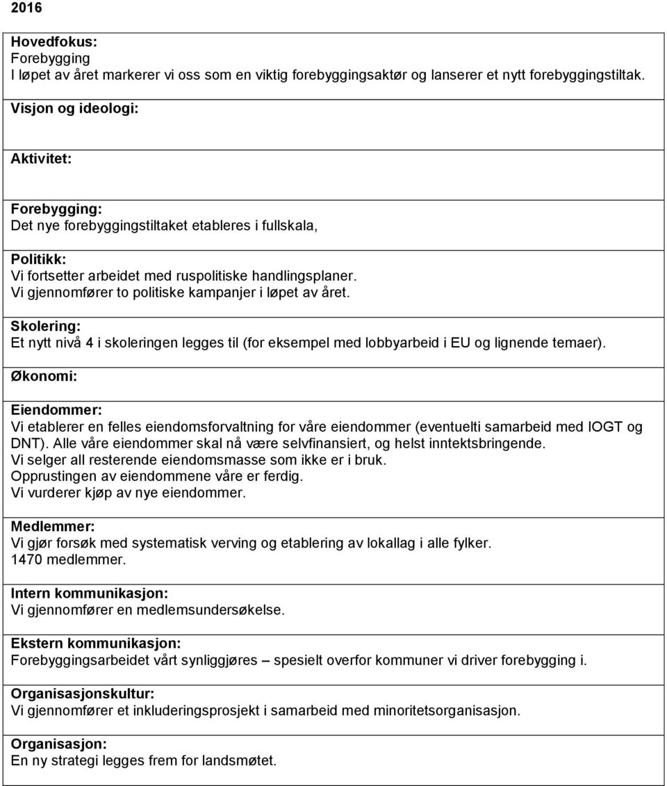 Et nytt nivå 4 i skoleringen legges til (for eksempel med lobbyarbeid i EU og lignende temaer). Vi etablerer en felles eiendomsforvaltning for våre eiendommer (eventuelti samarbeid med IOGT og DNT).