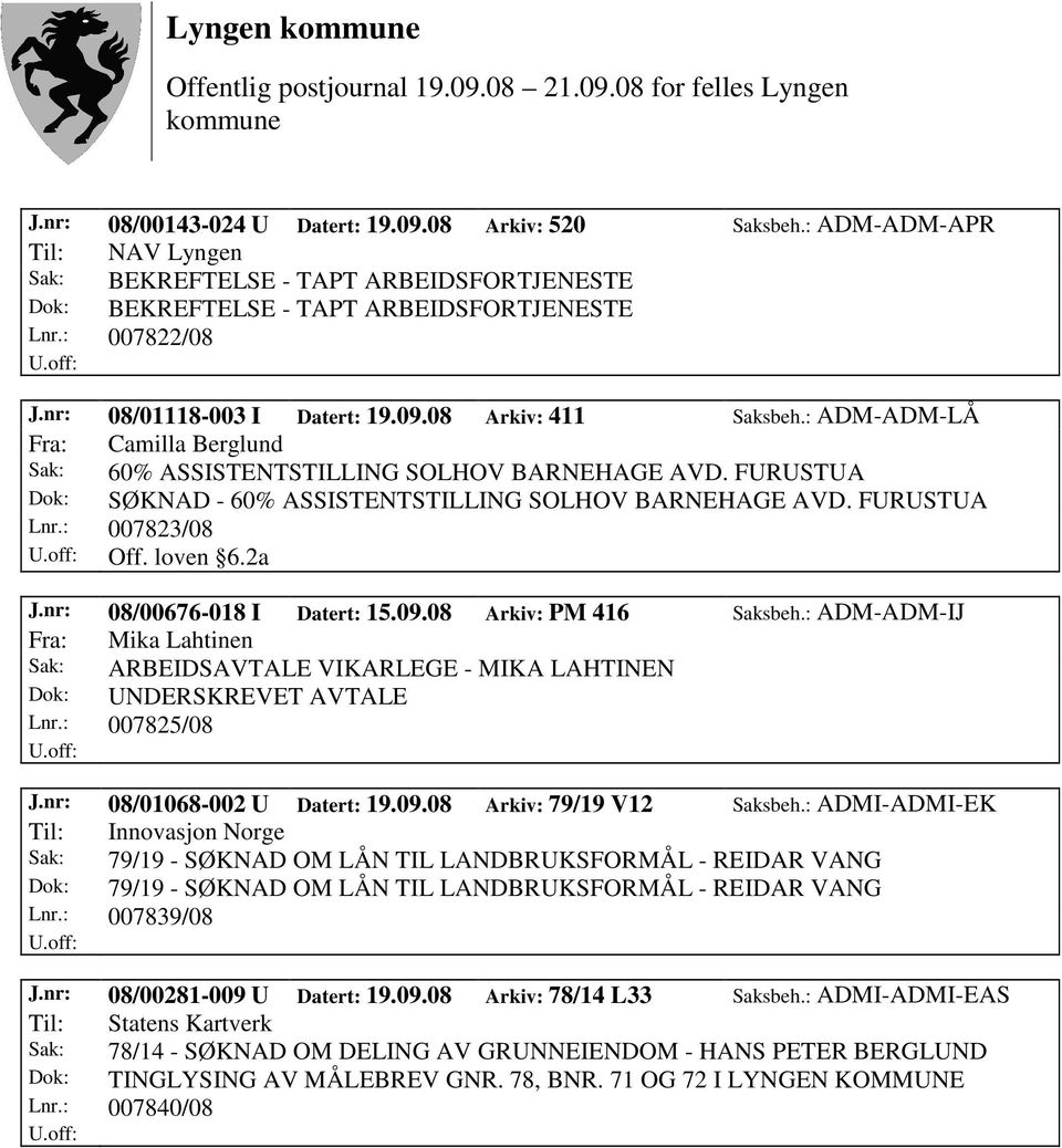 FURUSTUA Dok: SØKNAD - 60% ASSISTENTSTILLING SOLHOV BARNEHAGE AVD. FURUSTUA Lnr.: 007823/08 Off. loven 6.2a J.nr: 08/00676-018 I Datert: 15.09.08 Arkiv: PM 416 Saksbeh.