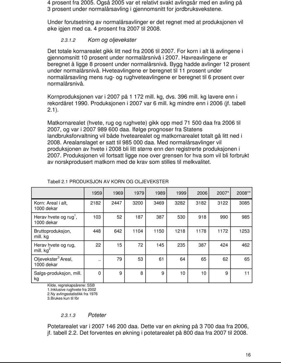 2 Korn og oljevekster Det totale kornarealet gikk litt ned fra 2006 til 2007. For korn i alt lå avlingene i gjennomsnitt 10 prosent under normalårsnivå i 2007.