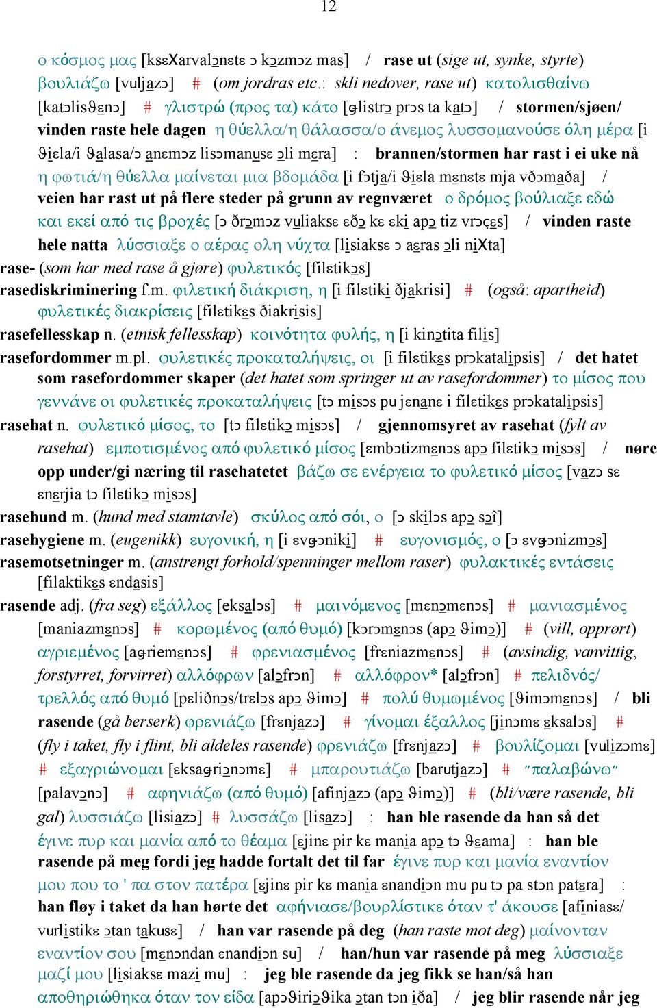 ϑiεla/i ϑalasa/ǥ anεmǥz lisǥmanusε Ǥli mεra] : brannen/stormen har rast i ei uke nå η ϕωτιά/η θύελλα µαίνεται µια βδοµάδα [i fǥtja/i ϑiεla mεnεtε mja vðǥmaða] / veien har rast ut på flere steder på