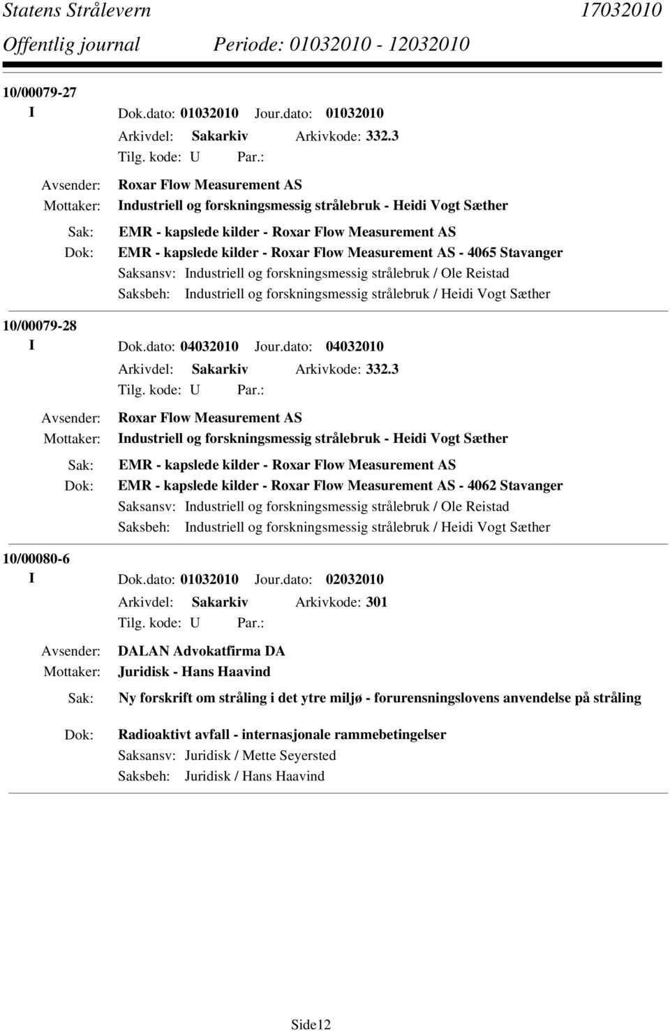 Stavanger Saksbeh: Industriell og forskningsmessig strålebruk / Heidi Vogt Sæther 10/00079-28 I Dok.dato: 04032010 Jour.dato: 04032010 Arkivdel: Sakarkiv Arkivkode: 332.