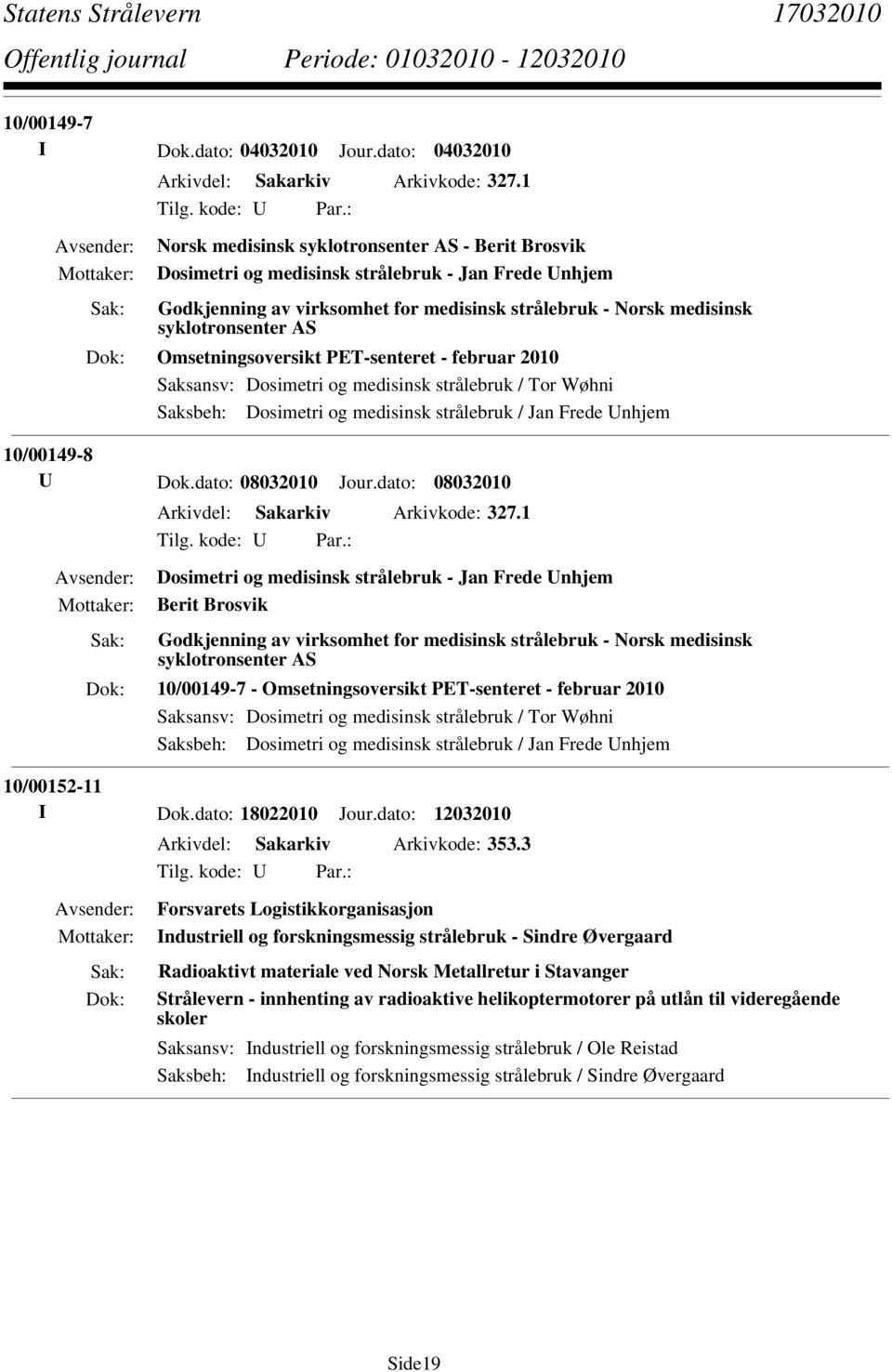 Omsetningsoversikt PET-senteret - februar 2010 Saksansv: Dosimetri og medisinsk strålebruk / Tor Wøhni Saksbeh: Dosimetri og medisinsk strålebruk / Jan Frede Unhjem 10/00149-8 U Dok.