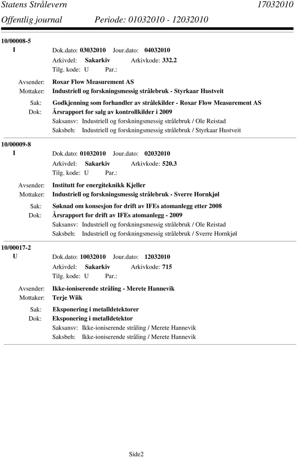 i 2009 Saksbeh: Industriell og forskningsmessig strålebruk / Styrkaar Hustveit 10/00009-8 I Dok.dato: 01032010 Jour.dato: 02032010 Arkivdel: Sakarkiv Arkivkode: 520.