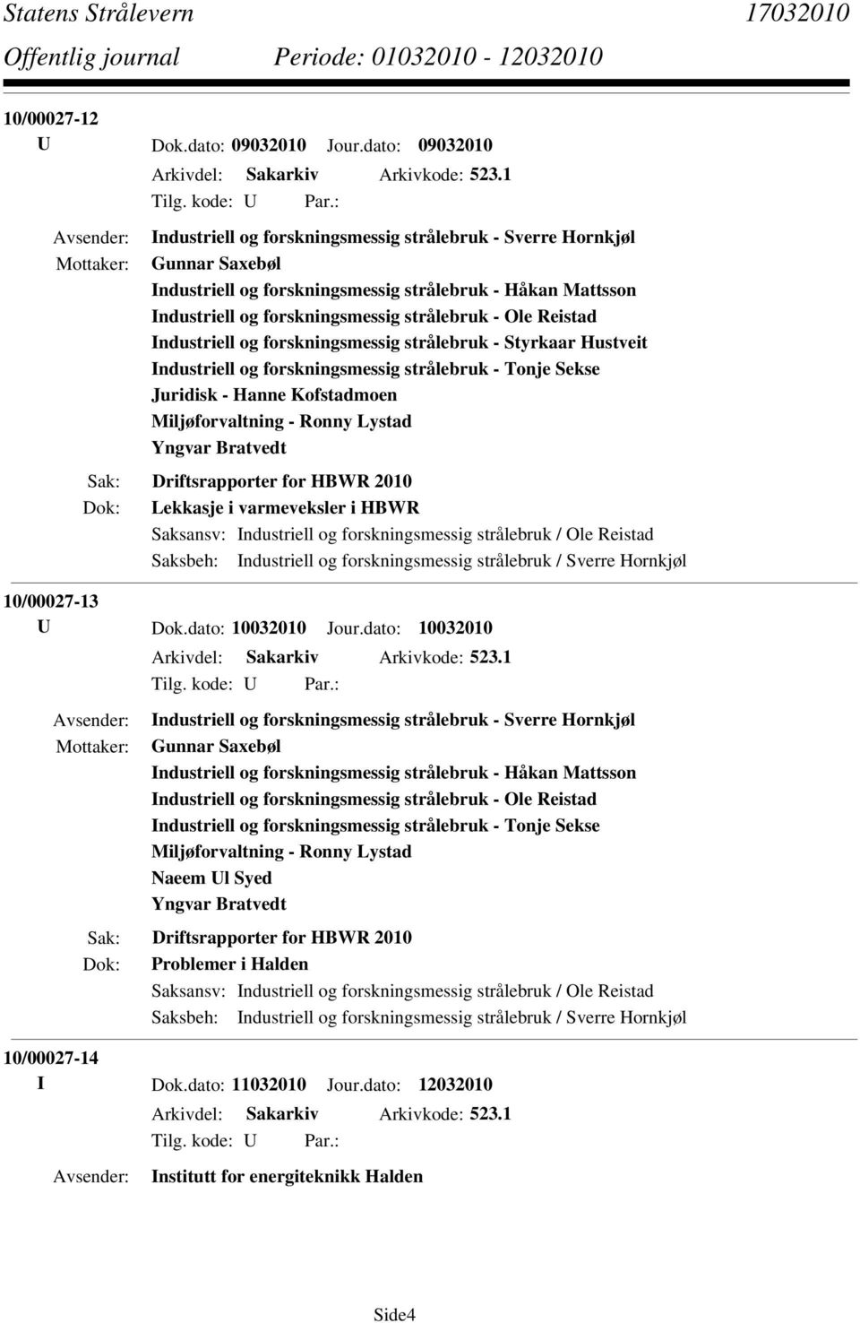 Industriell og forskningsmessig strålebruk - Styrkaar Hustveit Industriell og forskningsmessig strålebruk - Tonje Sekse Juridisk - Hanne Kofstadmoen Miljøforvaltning - Ronny Lystad Yngvar Bratvedt