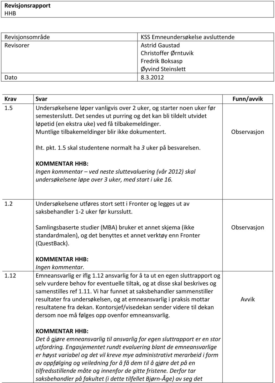 Muntlige tilbakemeldinger blir ikke dokumentert. Observasjon Iht. pkt. 1.5 skal studentene normalt ha 3 uker på besvarelsen.