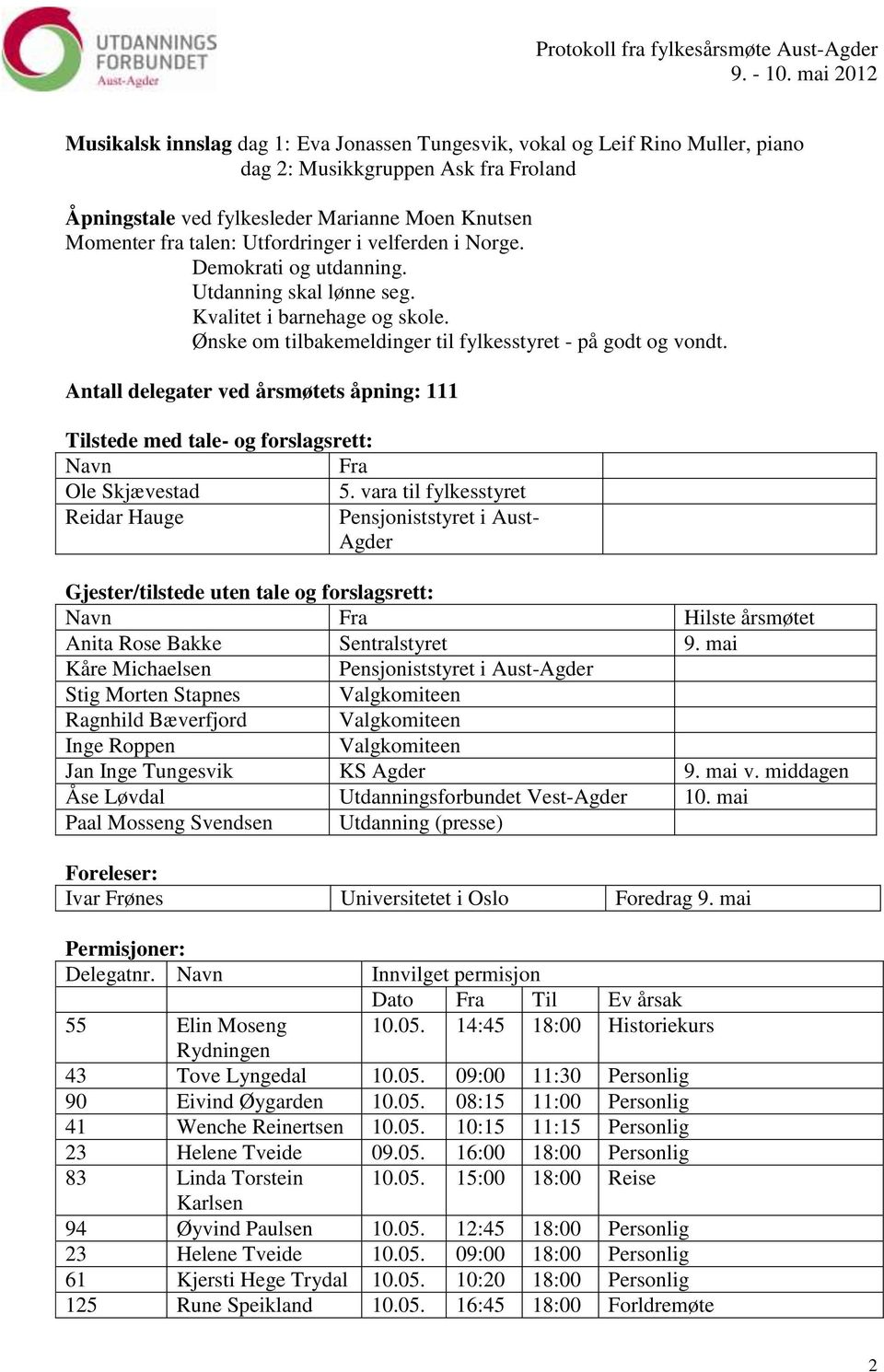 Antall delegater ved årsmøtets åpning: 111 Tilstede med tale- og forslagsrett: Navn Fra Ole Skjævestad 5.