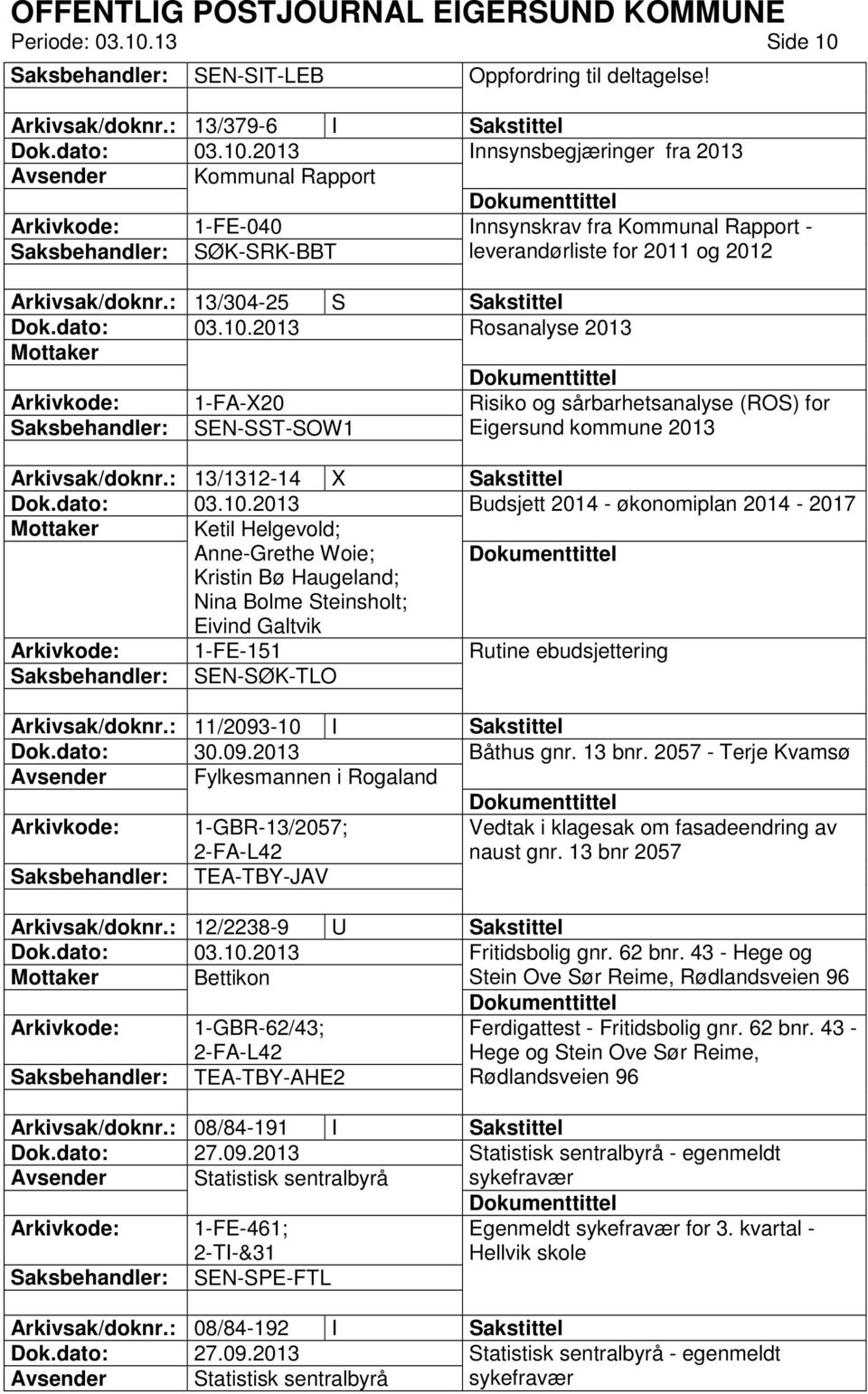 : 13/304-25 S Sakstittel Rosanalyse 2013 1-FA-X20 Risiko og sårbarhetsanalyse (ROS) for SEN-SST-SOW1 Eigersund kommune 2013 Arkivsak/doknr.