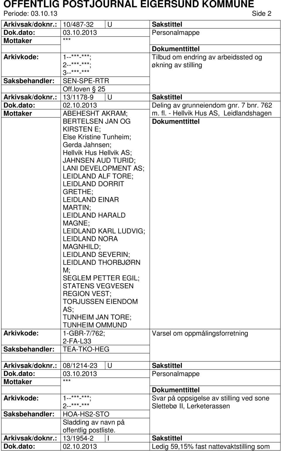 DORRIT GRETHE; LEIDLAND EINAR MARTIN; LEIDLAND HARALD MAGNE; LEIDLAND KARL LUDVIG; LEIDLAND NORA MAGNHILD; LEIDLAND SEVERIN; LEIDLAND THORBJØRN M; SEGLEM PETTER EGIL; STATENS VEGVESEN REGION VEST;