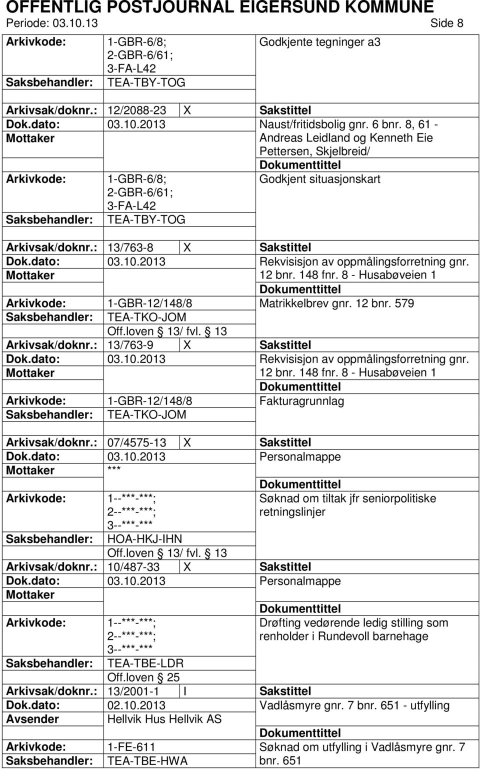 : 13/763-8 X Sakstittel Rekvisisjon av oppmålingsforretning gnr. 12 bnr. 148 fnr. 8 - Husabøveien 1 1-GBR-12/148/8 Matrikkelbrev gnr. 12 bnr. 579 TEA-TKO-JOM Arkivsak/doknr.