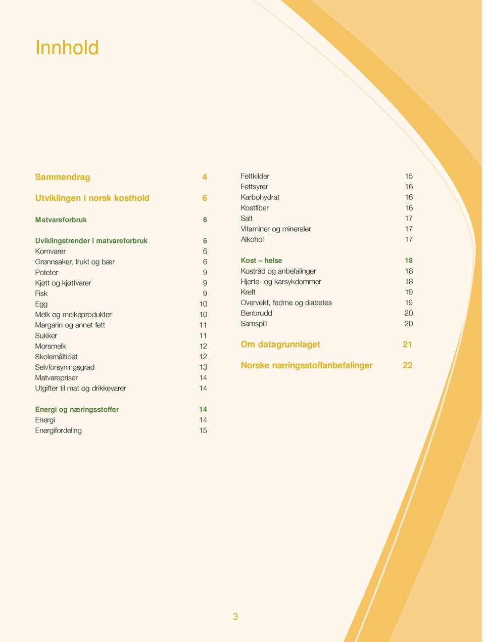 drikkevarer 14 Fettkilder 15 Fettsyrer 16 Karbohydrat 16 Kostfi ber 16 Salt 17 Vitaminer og mineraler 17 Alkohol 17 Kost helse 18 Kostråd og anbefalinger 18 Hjerte- og