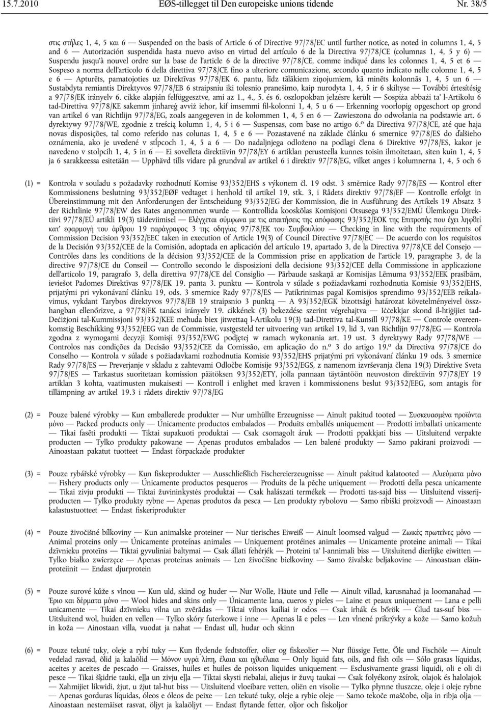 Autorización suspendida hasta nuevo aviso en virtud del artículo 6 de la Directiva 97/78/CE (columnas 1, 4, 5 y 6) Suspendu jusqu'à nouvel ordre sur la base de l'article 6 de la directive 97/78/CE,