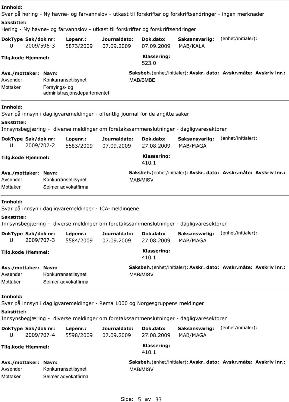 0 MAB/BMBE Mottaker Fornyings- og administrasjonsdepartementet Svar på innsyn i dagligvaremeldinger - offentlig journal for de angitte saker nnsynsbegjæring - diverse meldinger om