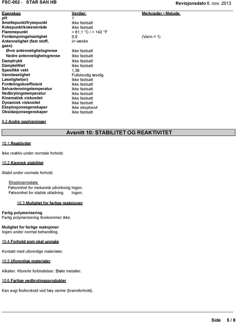 Eksplosjonsegenskaper Oksidasjonsegenskaper 9.2.