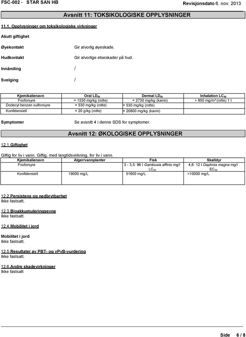 (rotte) = 530 mg/kg (rotte) Konfidensiell = 20 g/kg (rotte) = 20800 mg/kg (kanin) Symptomer Se avsnitt 4 i denne SDS for symptomer. Avsnitt 12: ØKOLOGISKE OPPLYSNINGER 12.1. Giftighet Giftig for liv i vann.