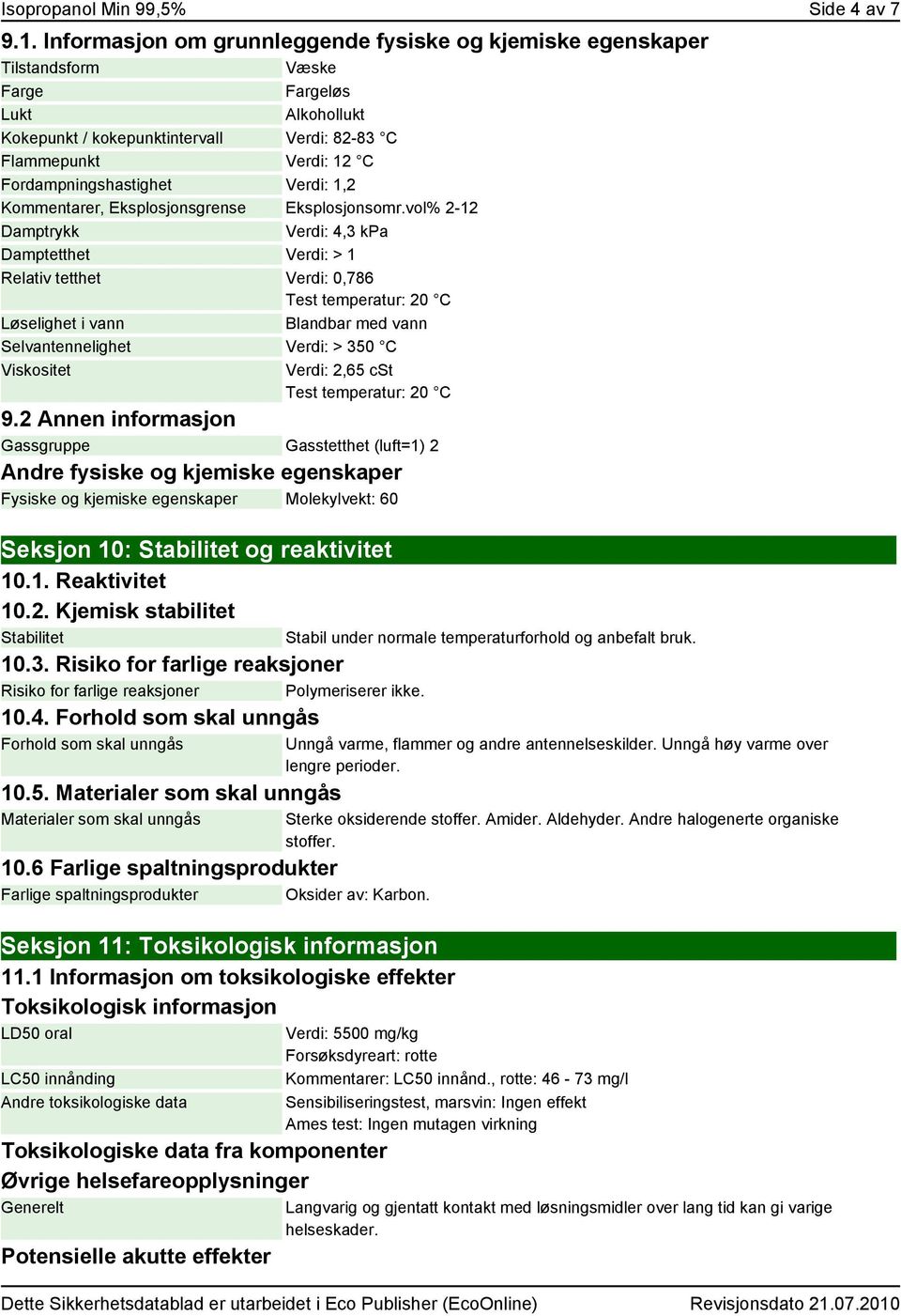 Fordampningshastighet Verdi: 1,2 Kommentarer, Eksplosjonsgrense Eksplosjonsomr.