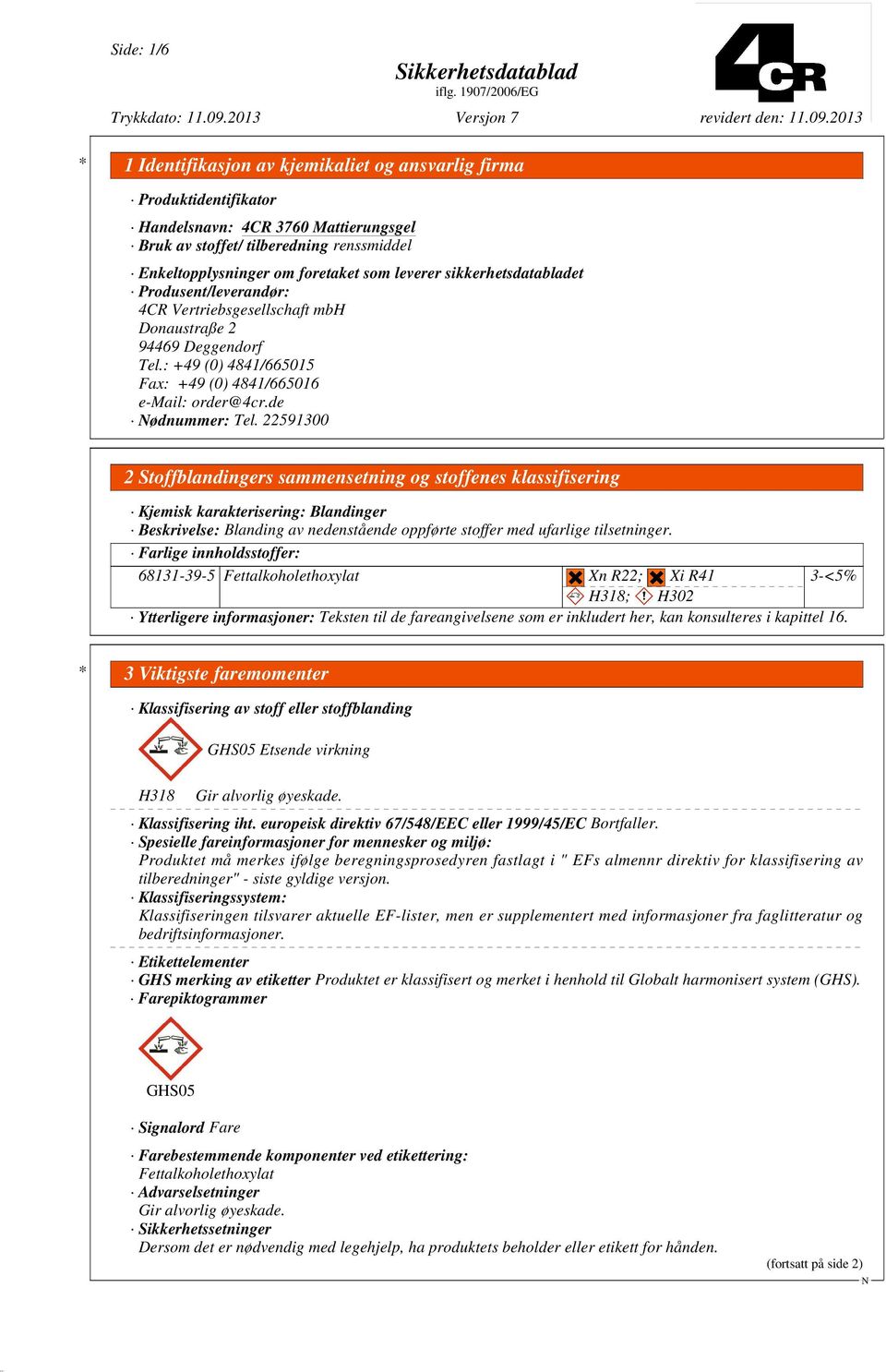 22591300 2 Stoffblandingers sammensetning og stoffenes klassifisering Kjemisk karakterisering: Blandinger Beskrivelse: Blanding av nedenstående oppførte stoffer med ufarlige tilsetninger.