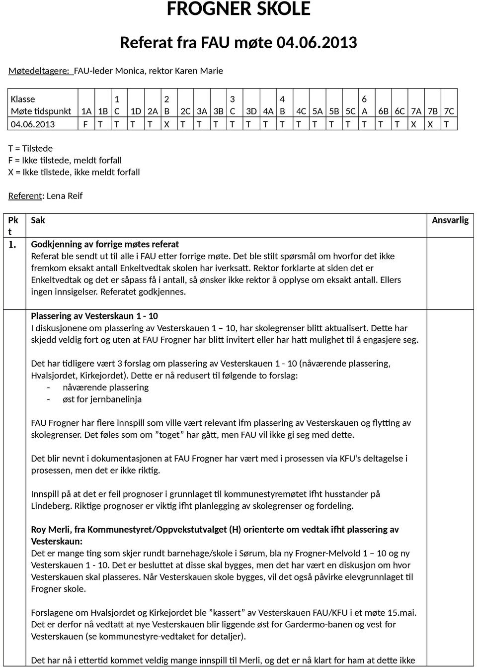 2013 F T T T T X T T T T T T T T T T T T T T X X T T = Tilstede F = Ikke tilstede, meldt forfall X = Ikke tilstede, ikke meldt forfall Referent: Lena Reif Pk Sak t 1.