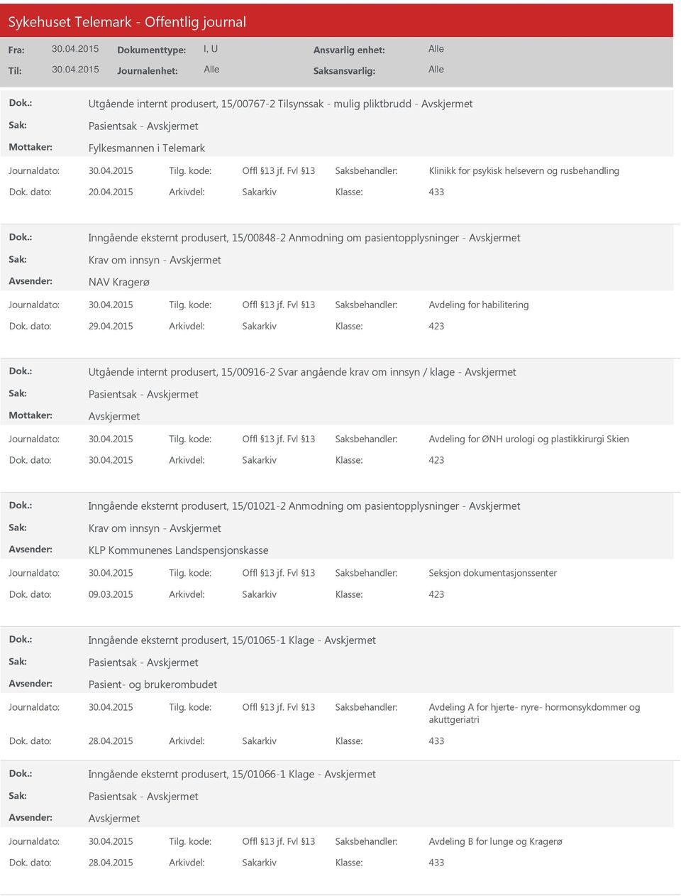 angående krav om innsyn / klage - Pasientsak - Avdeling for ØNH urologi og plastikkirurgi Skien Dok.