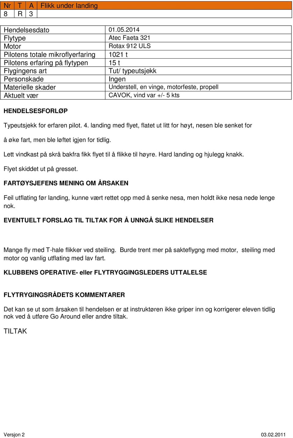 Typeutsjekk for erfaren pilot. 4. landing med flyet, flatet ut litt for høyt, nesen ble senket for å øke fart, men ble løftet igjen for tidlig.