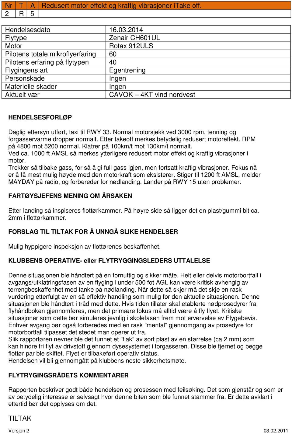 Normal motorsjekk ved 3000 rpm, tenning og forgasservarme dropper normalt. Etter takeoff merkes betydelig redusert motoreffekt. RPM på 4800 mot 5200 normal. Klatrer på 100km/t mot 130km/t normalt.